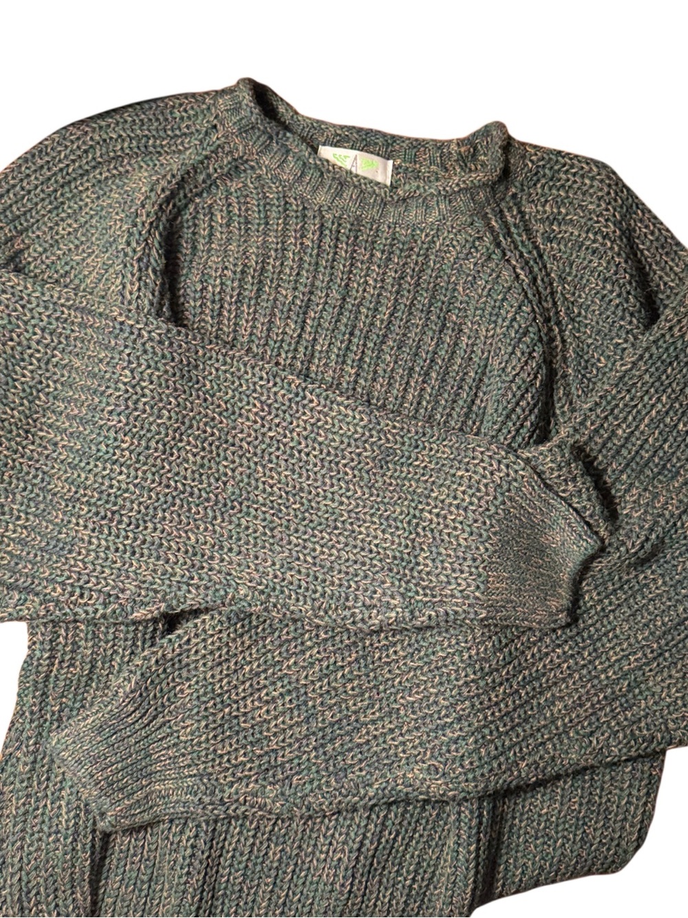 Vintage 90s American Weekend Chunky Knit Sweater Green Marled Fisherman Men's